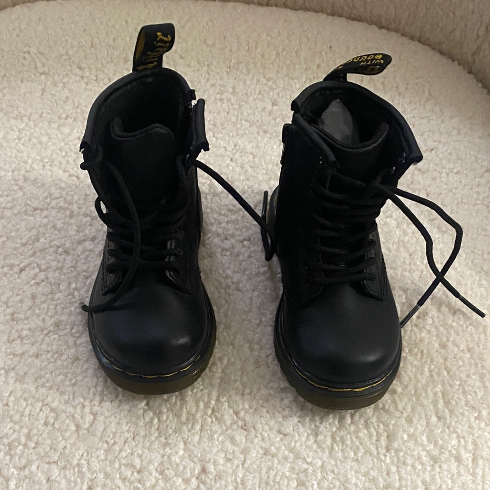 Dr Martin Black Leather Lace-Up Boots with Yellow Stitching